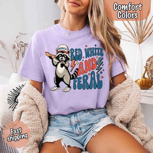 Red White & Feral Comfort Colors Tee – Funny Raccoon 4th of July Shirt