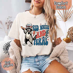 Red White & Feral Comfort Colors Tee – Funny Raccoon 4th of July Shirt