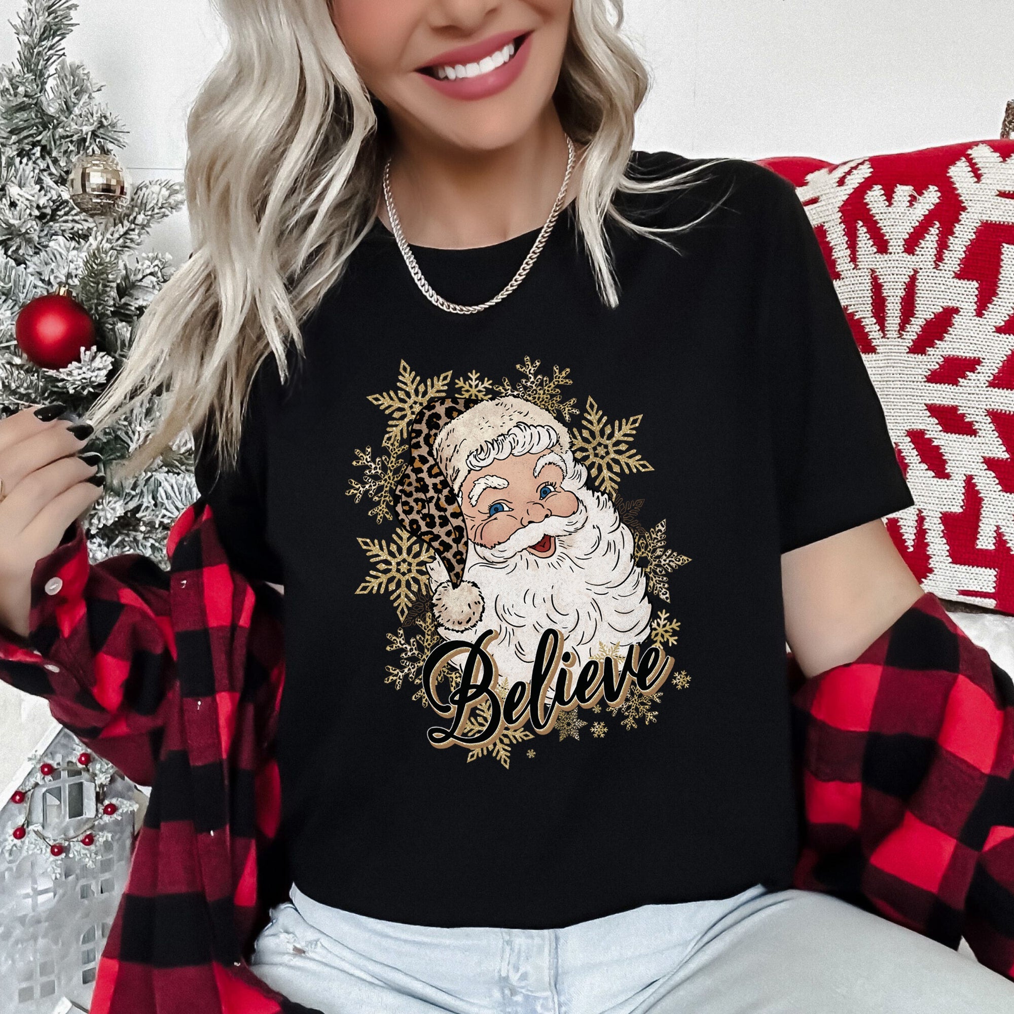 Retro Santa, Believe, Christmas, Leopard Print Super Soft Tees