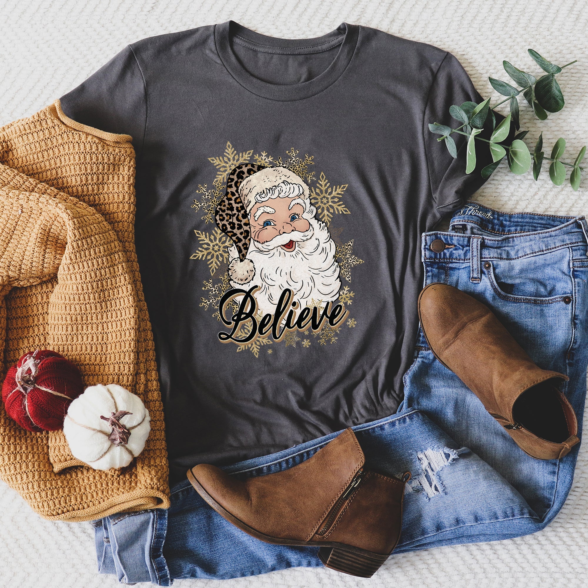 Retro Santa, Believe, Christmas, Leopard Print Super Soft Tees