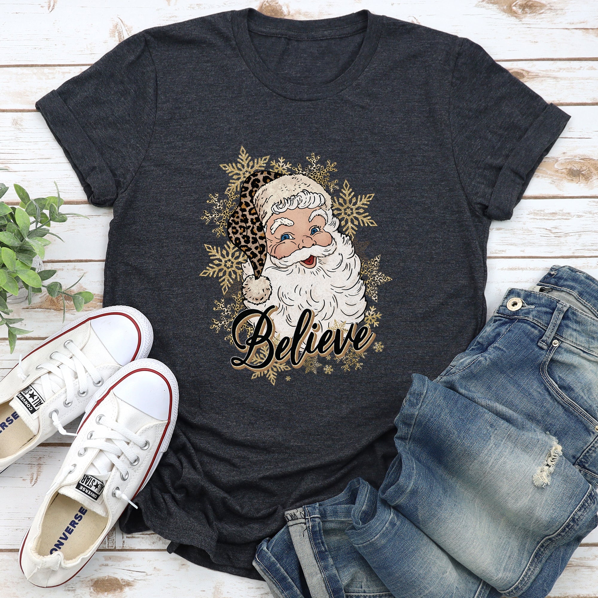 Retro Santa, Believe, Christmas, Leopard Print Super Soft Tees