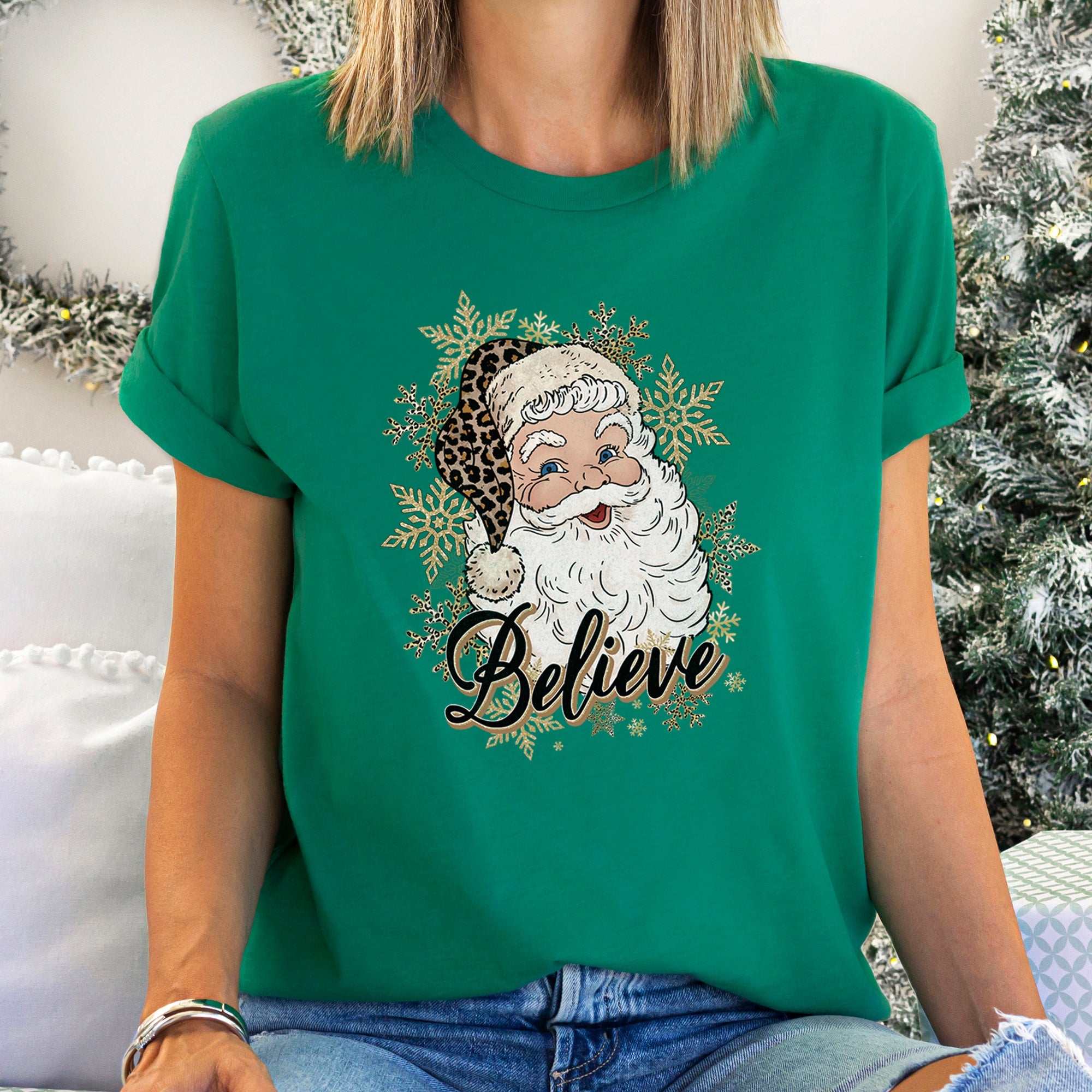 Retro Santa, Believe, Christmas, Leopard Print Super Soft Tees