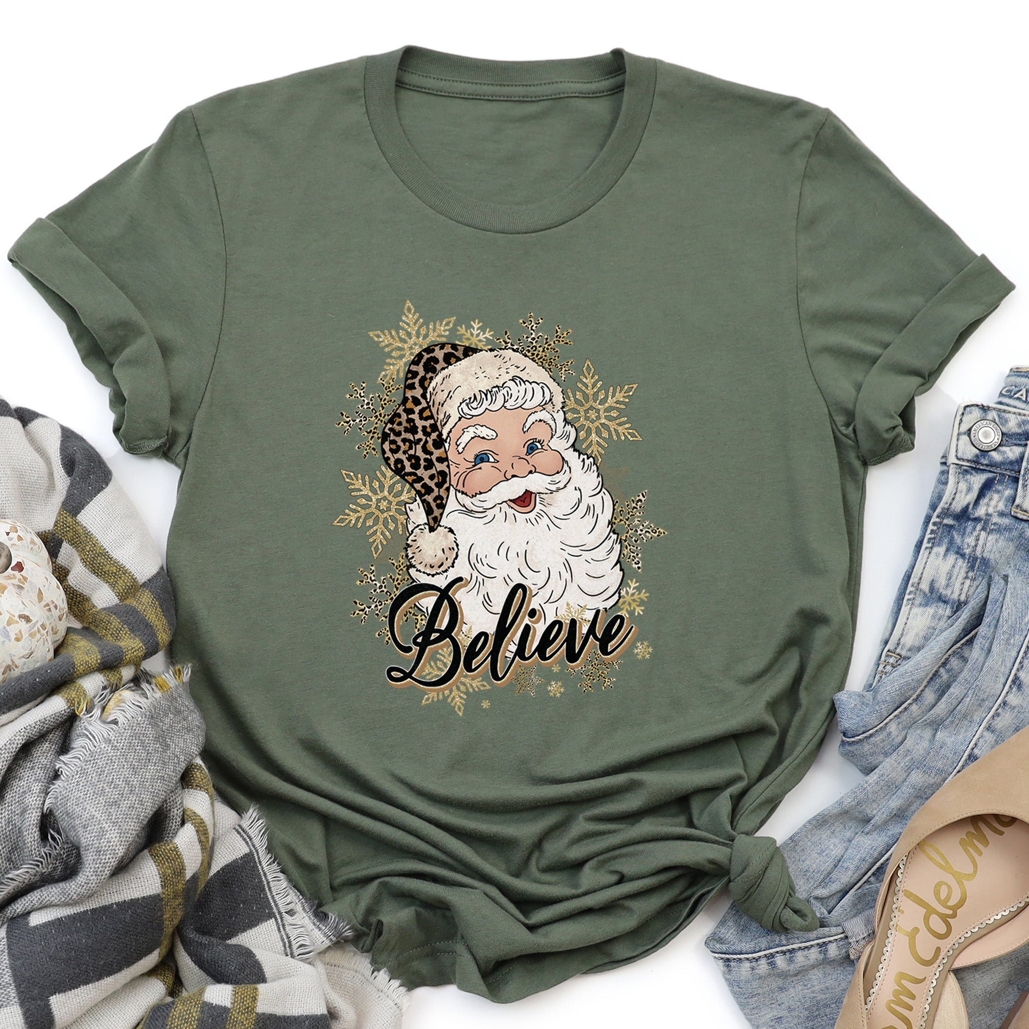Retro Santa, Believe, Christmas, Leopard Print Super Soft Tees