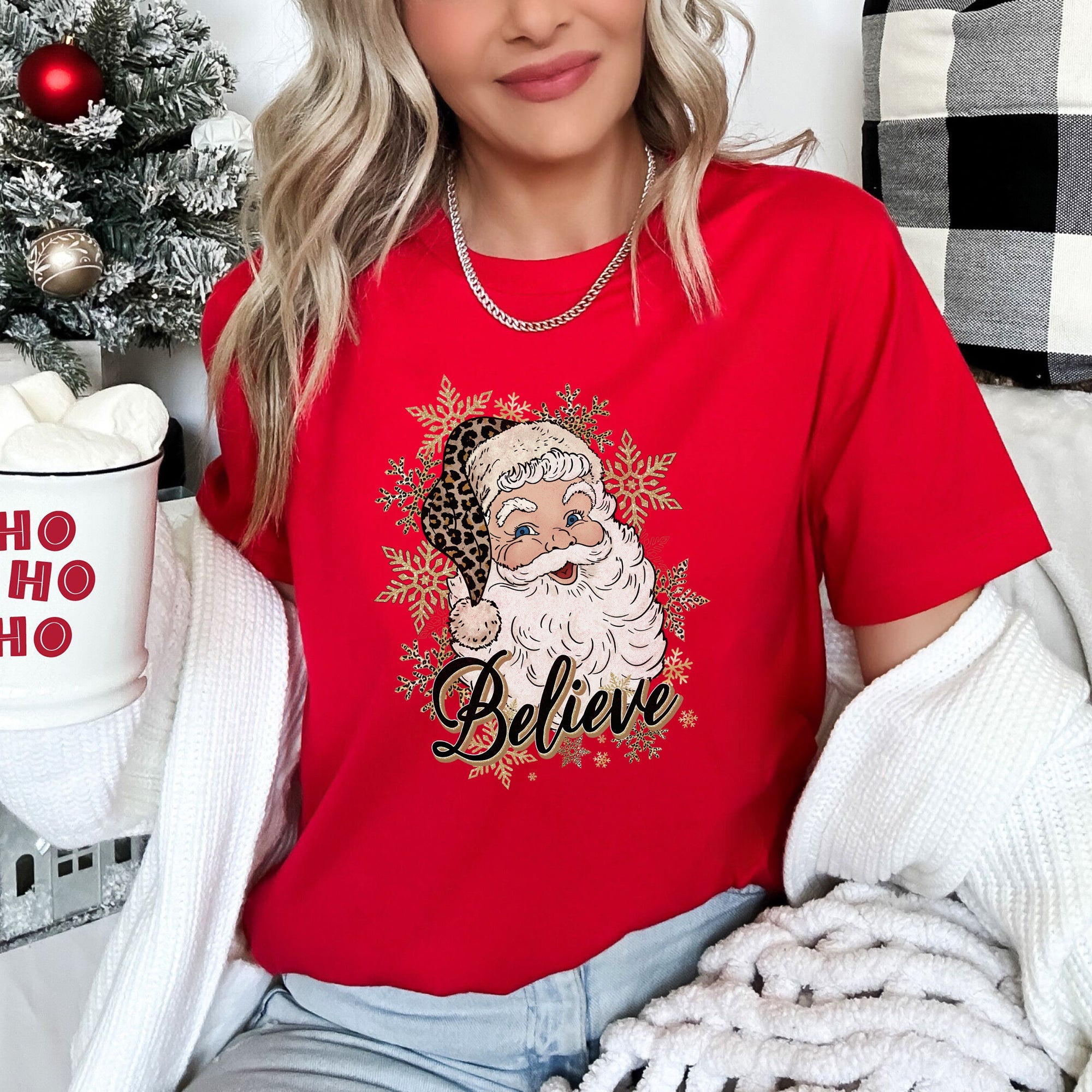 Retro Santa, Believe, Christmas, Leopard Print Super Soft Tees