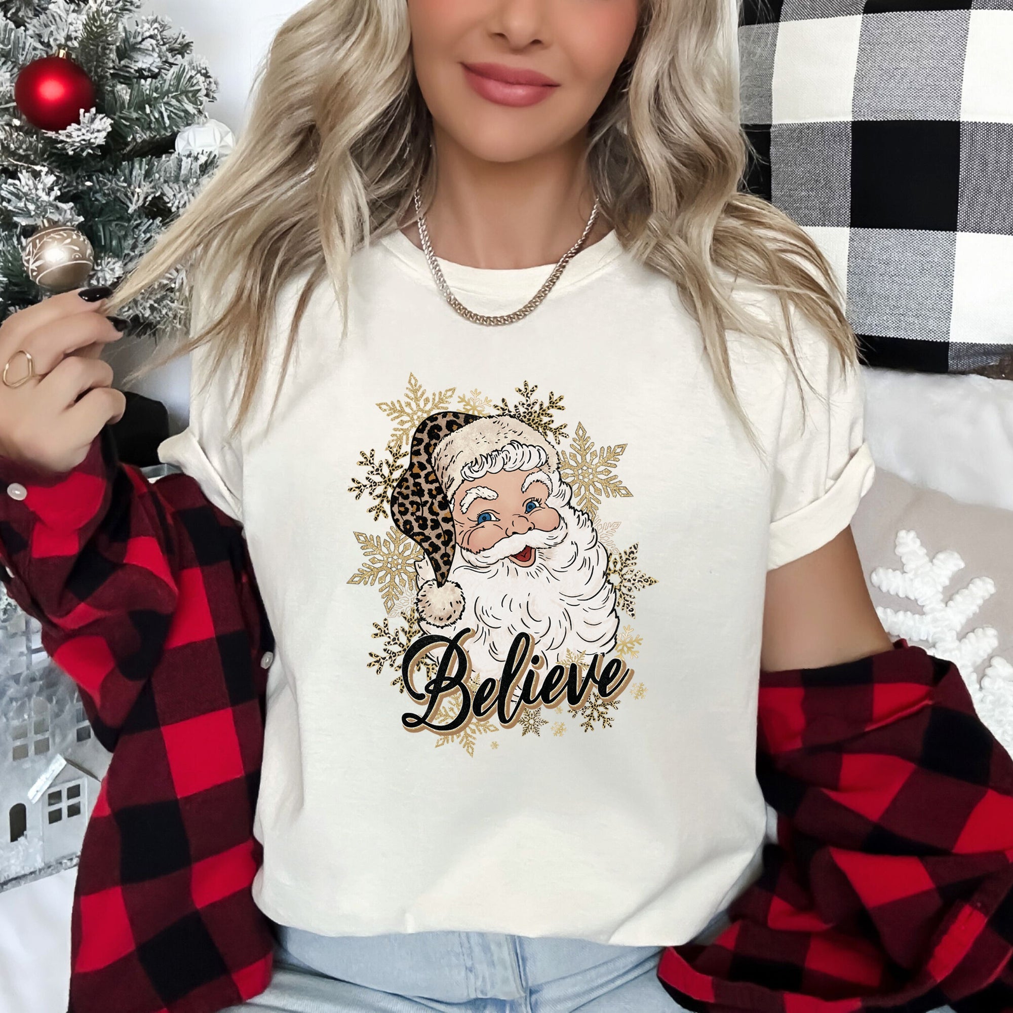 Retro Santa, Believe, Christmas, Leopard Print Super Soft Tees