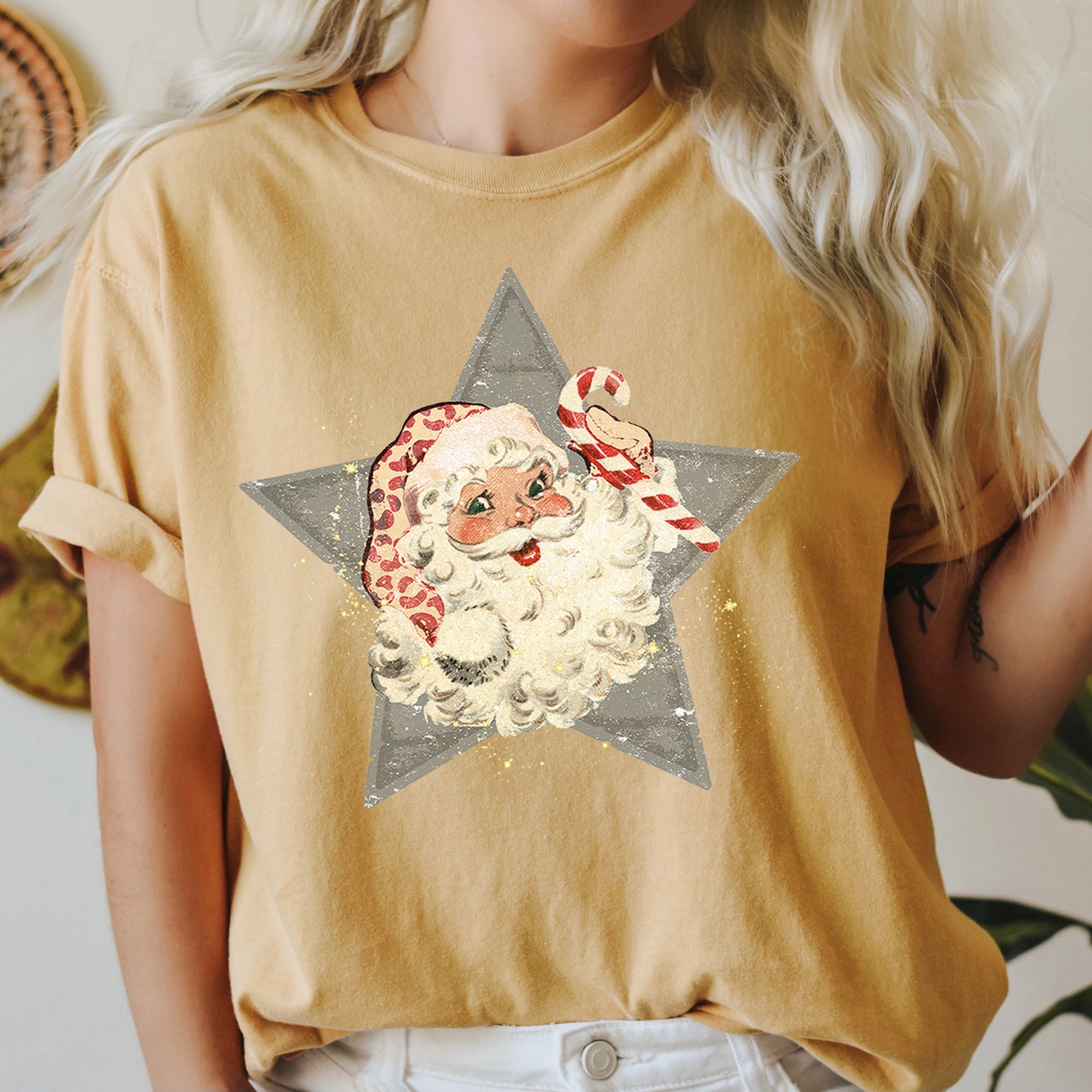 Santa, Retro, Green Star, Candy Cane, Christmas, Comfort Colors Tshirt