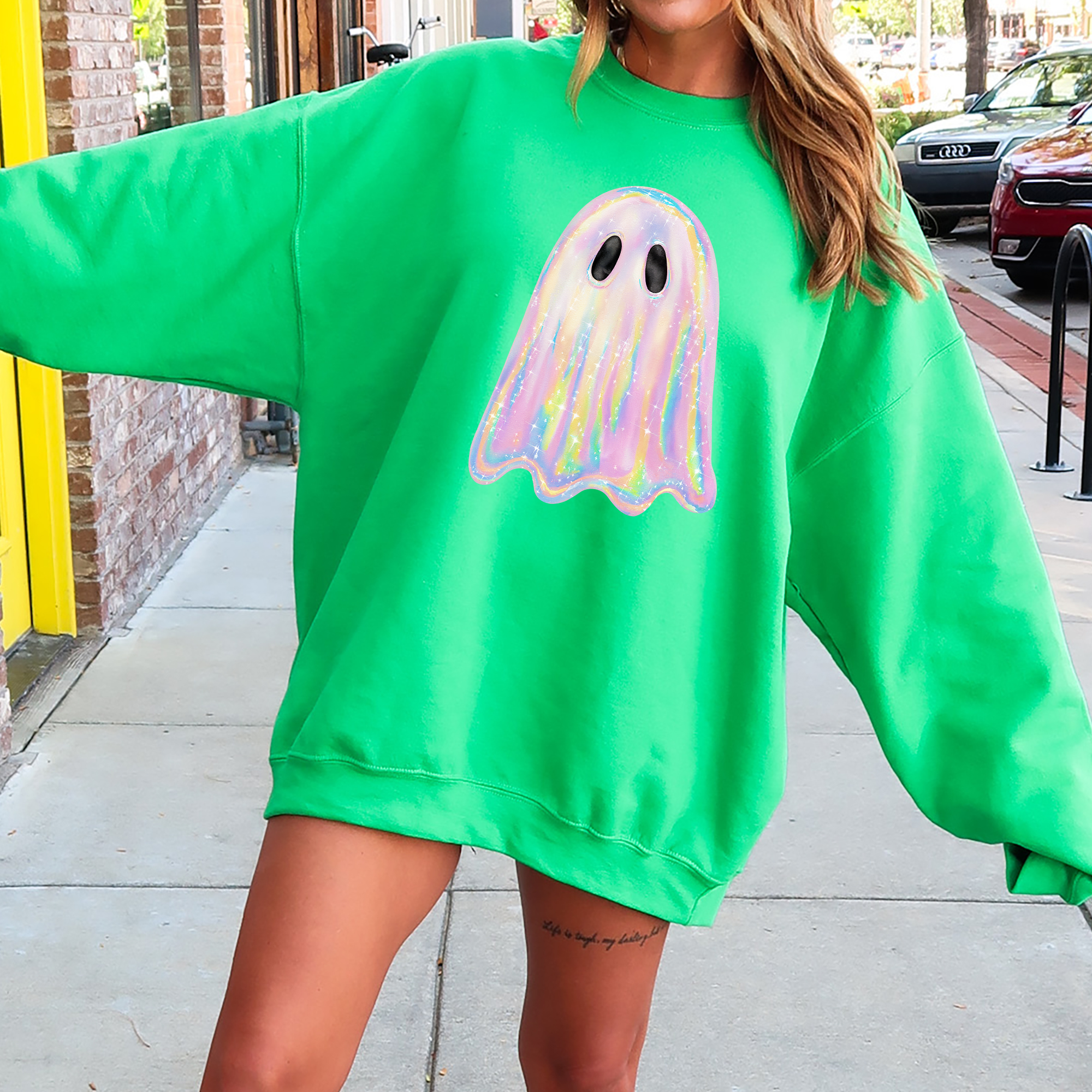 Shimmering Ghost, Iridescent Ghost, Boo, Cute Ghost, Faux Glitter Ghost, Spooky Season, Halloween Sweatshirt