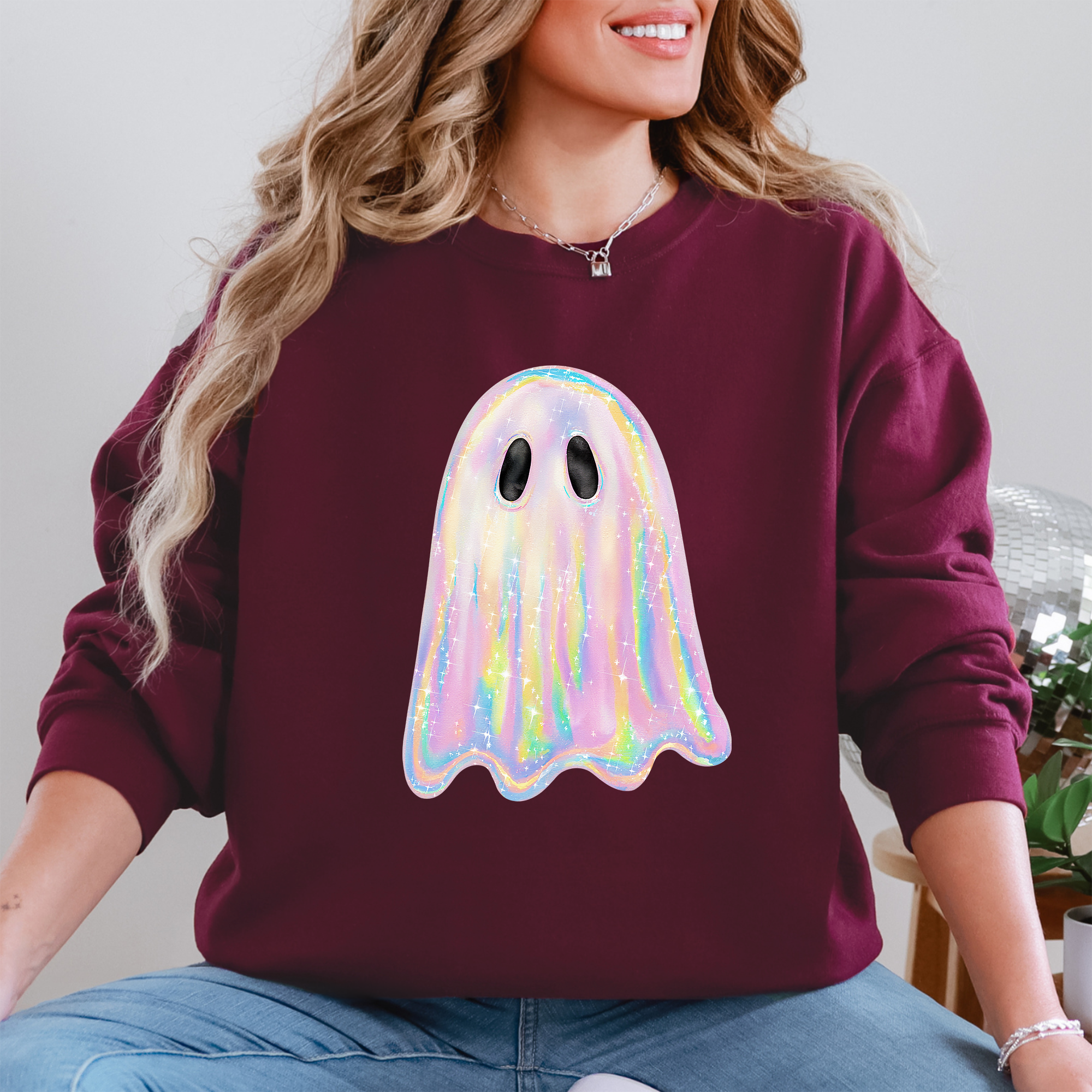 Shimmering Ghost, Iridescent Ghost, Boo, Cute Ghost, Faux Glitter Ghost, Spooky Season, Halloween Sweatshirt