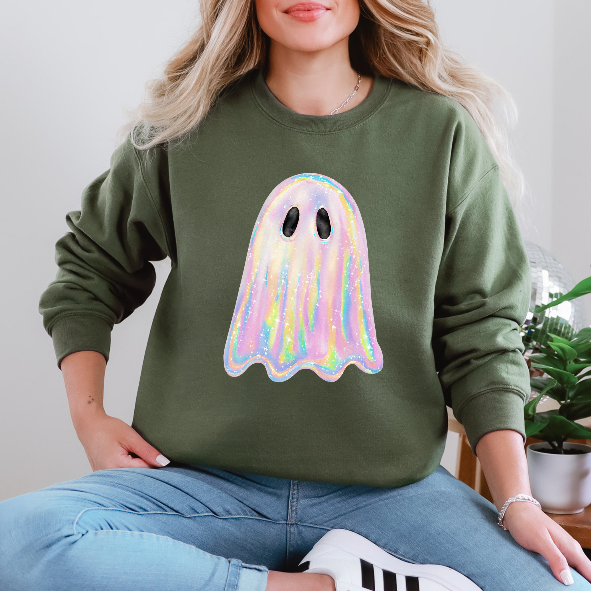 Shimmering Ghost, Iridescent Ghost, Boo, Cute Ghost, Faux Glitter Ghost, Spooky Season, Halloween Sweatshirt