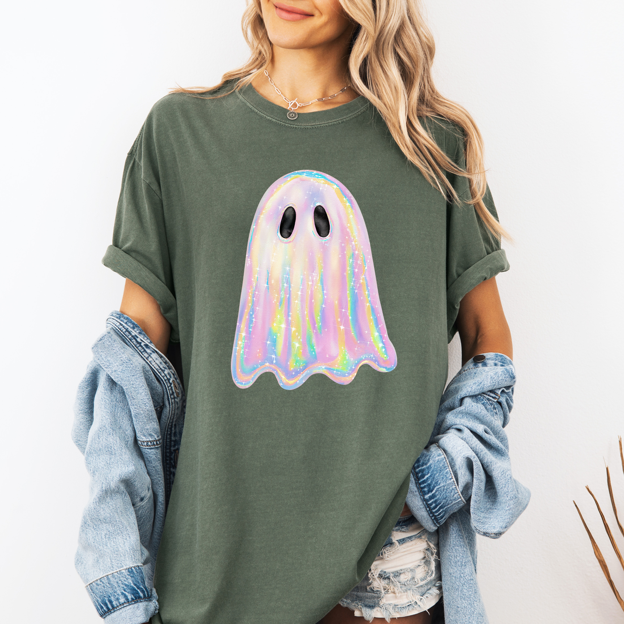 Shimmering Ghost, Iridescent Ghost, Boo, Cute Ghost, Faux Glitter Ghost, Spooky Season, Halloween, Comfort Colors T-Shirt
