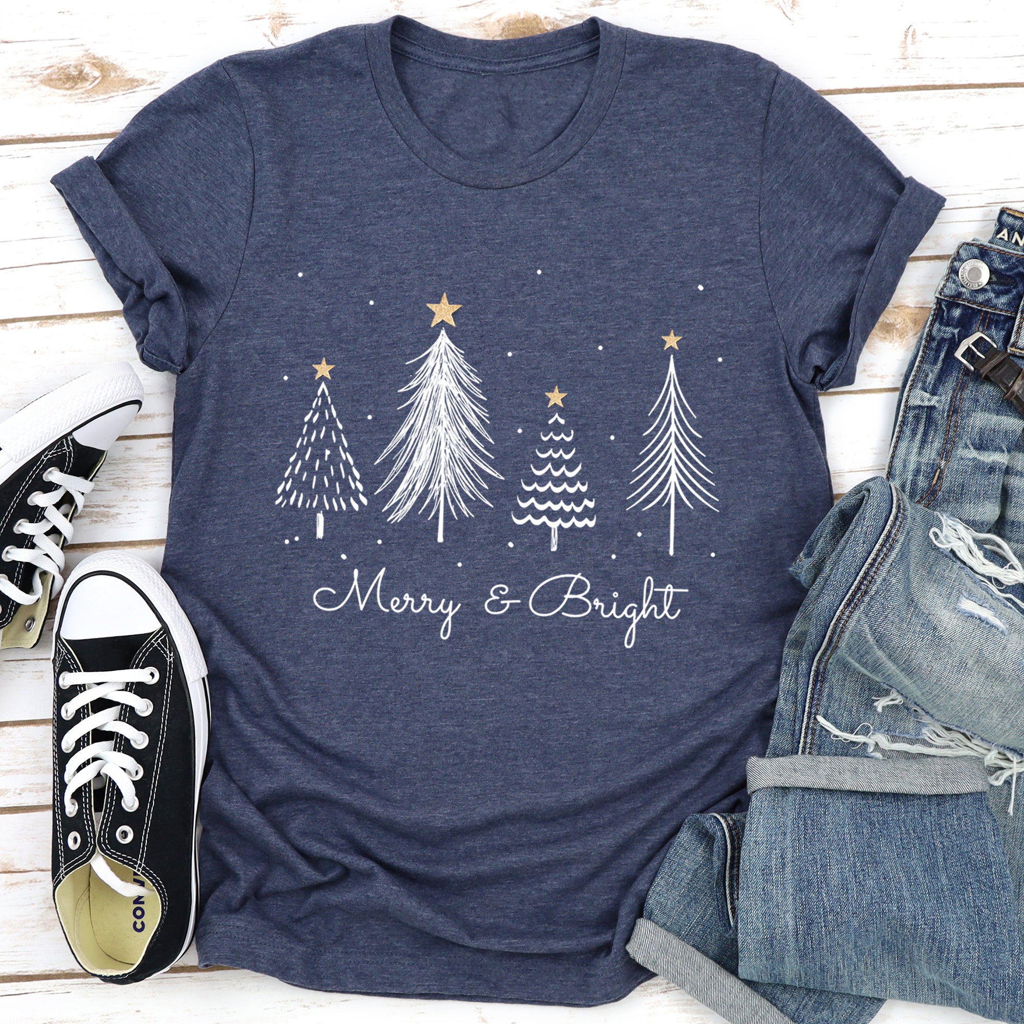 White Merry and Bright Christmas Trees, Gold Star Super Soft Tshirt