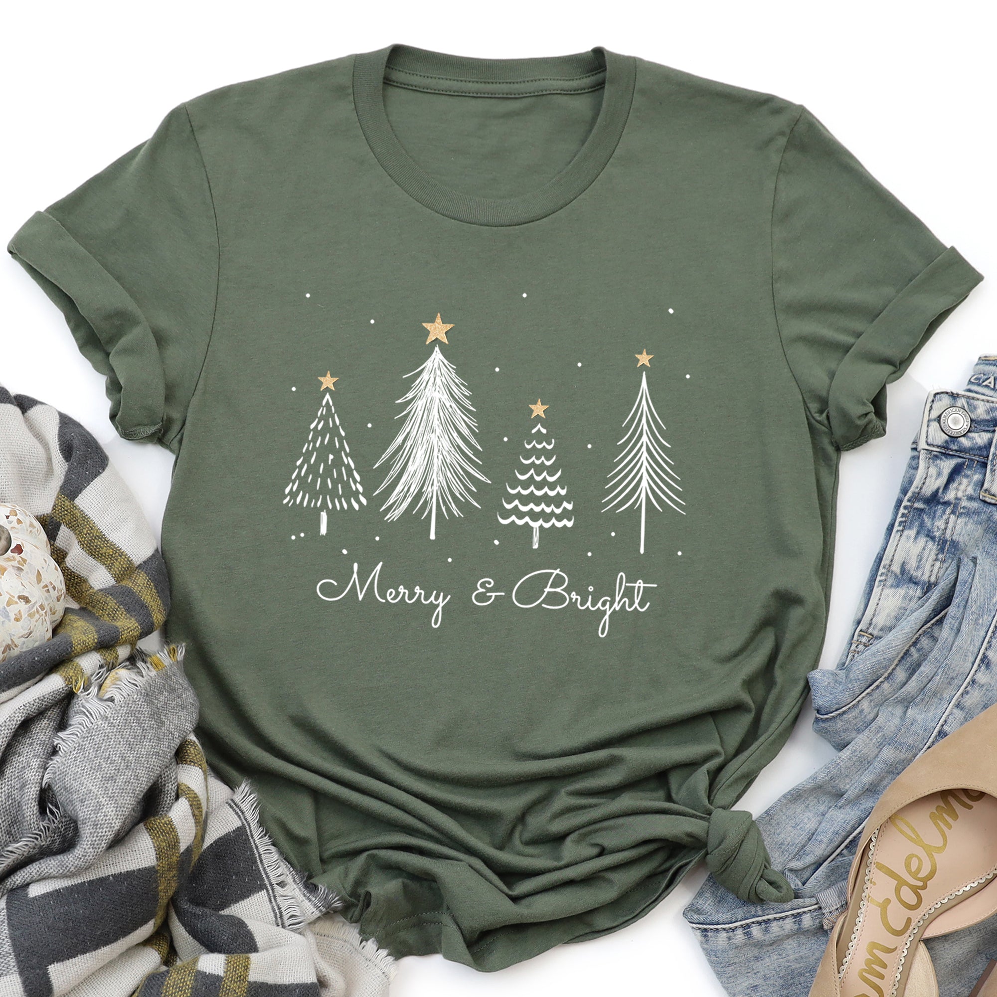 White Merry and Bright Christmas Trees, Gold Star Super Soft Tshirt