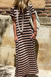 Stripe Casual Round Neck Tee Dress with Pockets