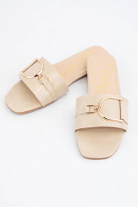 GOLDEN D-RING STRAP SLIP-ON SANDALS: BEIGE