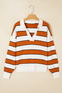 Valeria Stripe Ribbed Polo Collar Drop Shoulder Sweater
