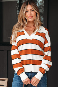 Valeria Stripe Ribbed Polo Collar Drop Shoulder Sweater