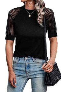 Stripe Mesh Sleeve Ribbed T-Shirt: Black / XL