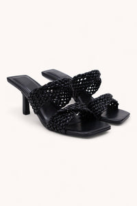 TWISTED WOVEN STRAP SLIP-ON MULE HEEL: BLACK