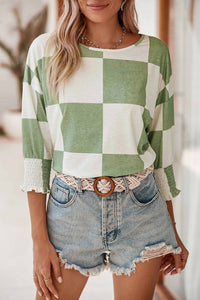 Checkered Smocked 3/4 Sleeve Blouse: Grass Green