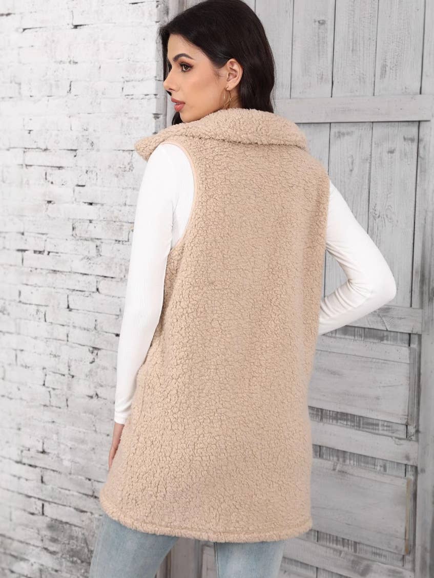 SLEEVELESS POINTY BUBBLE CARDIGAN FLEECE VEST: APRICOT