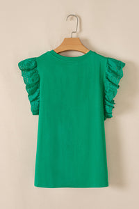 Nellie Embroidered Ruffled Sleeve Slim Fit Crew Neck Top