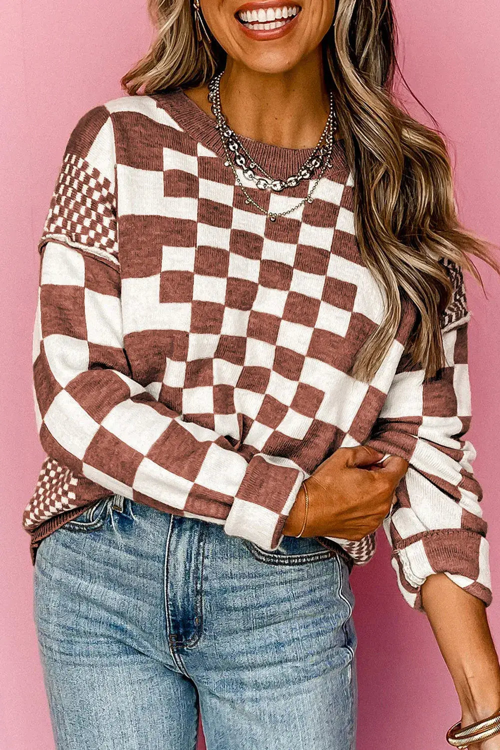 Brown Checkered Print Drop Shoulder Round Neck Sweater