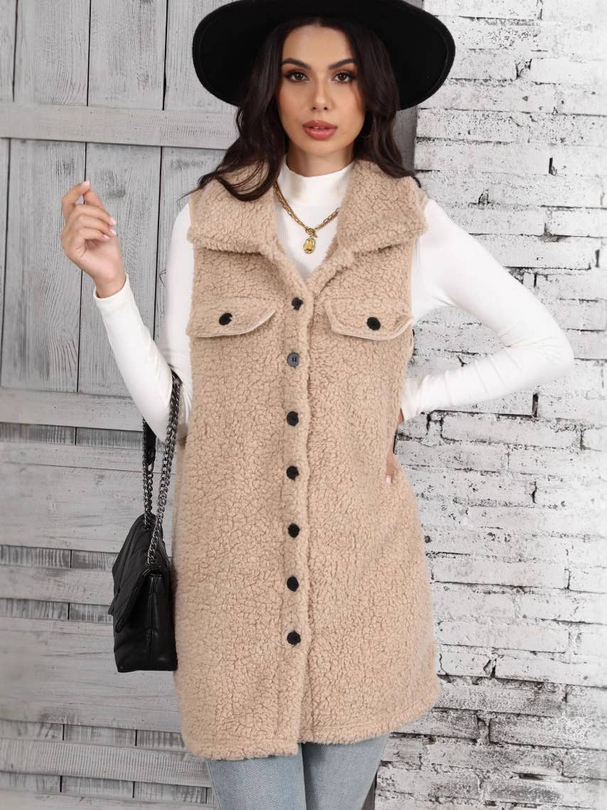 SLEEVELESS POINTY BUBBLE CARDIGAN FLEECE VEST: APRICOT