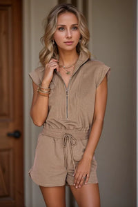 Textured Short Sleeve Half Zip Drawstring Waist Romper