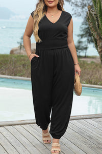 Novalee Plus Smocked High Waist Sleeveless V Neck Jumpsuit
