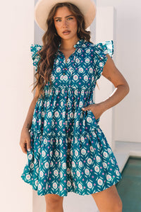 Sierra Retro Floral Ruffle Short Sleeve Dress