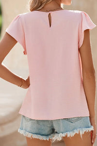Solid Color Flounce Sleeve Pleated Round Neck Blouse