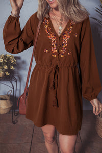 Liliana Floral Embroidered Tassel Tie Mini Dress