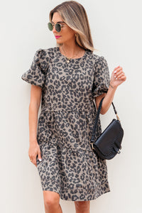 Zaylee Denim Leopard Short Puff Sleeve Mini Dress