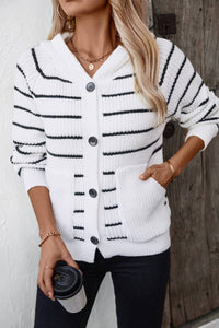 HOODED POCKET STRIPED KNITTED CARDIGAN