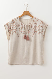 Louisa Embroidered Short Sleeve Tassel Tied Blouse