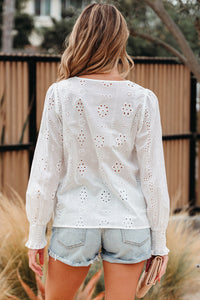 Allison Eyelet Embroidered Smocked Cuff Sheer Blouse
