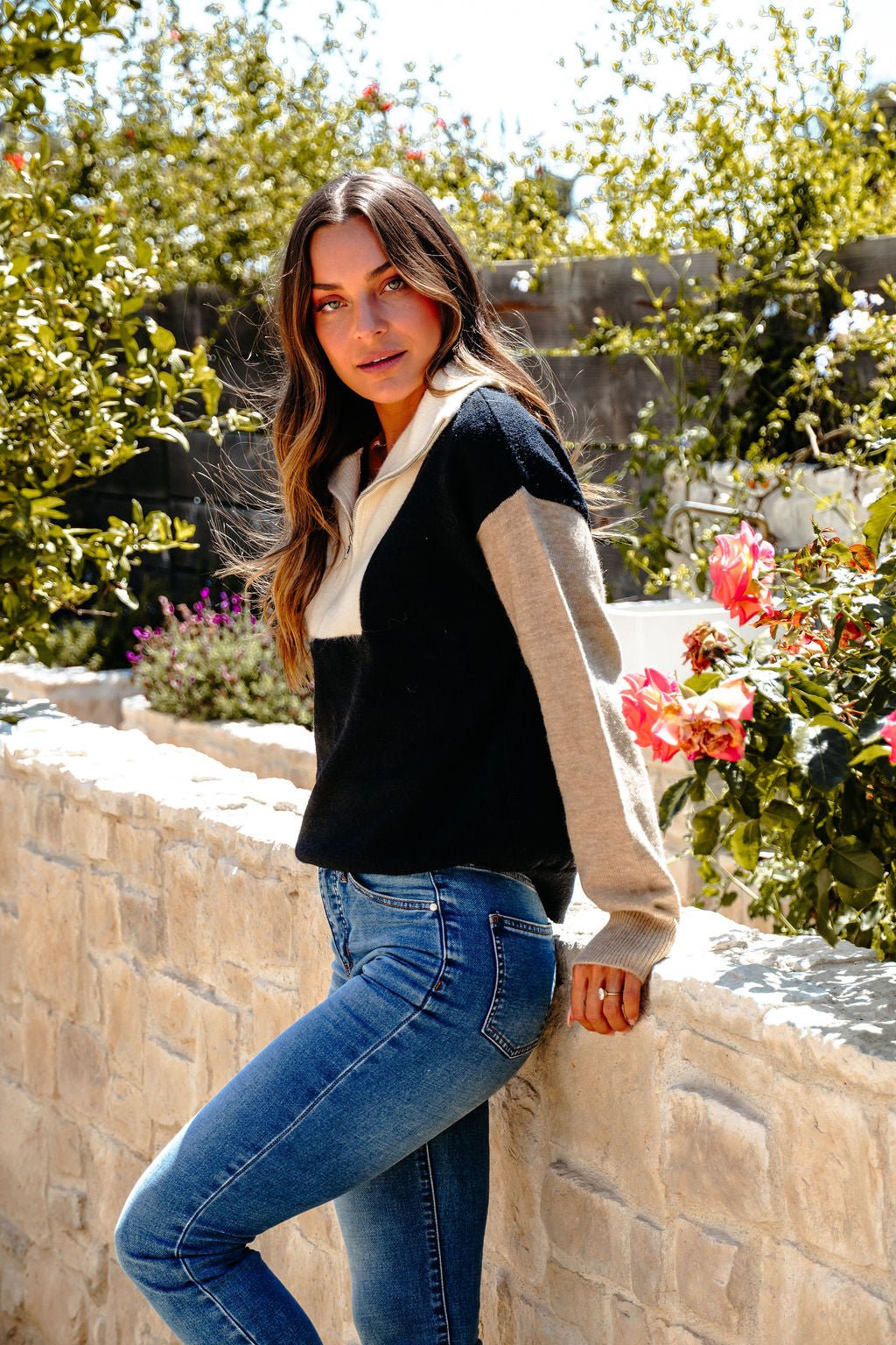 Black Color Block Half Zip Sweater - DOORBUSTER