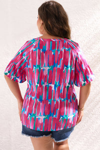 Lisa Plus Brushstroke Ruffle Sleeve Button V Neck Blouse