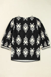 Vintage Geometric Printed V Neck Blouse
