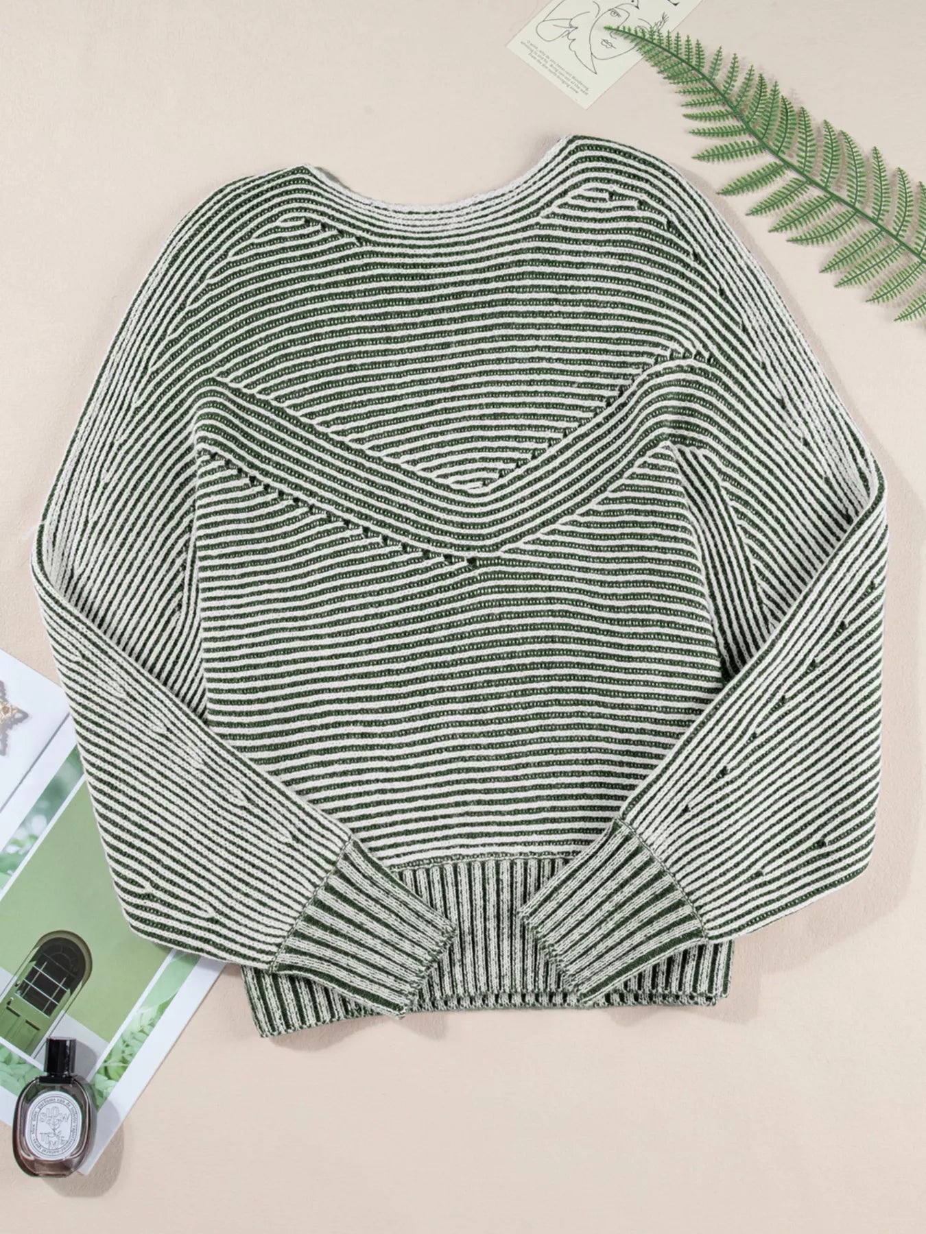 Striped Ribbed Knit Boat Neck Baggy Sweater