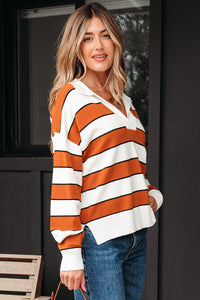 Valeria Stripe Ribbed Polo Collar Drop Shoulder Sweater