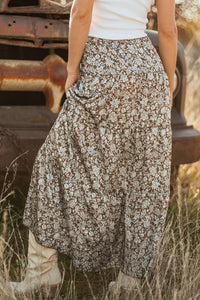 Cadence Western Floral Print Ruffled Hem Maxi Skirt