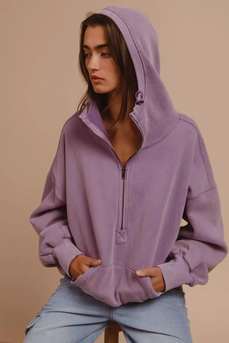 BiBi Stitch Detailed Elastic Hem Half Zip Fleece Hoodie