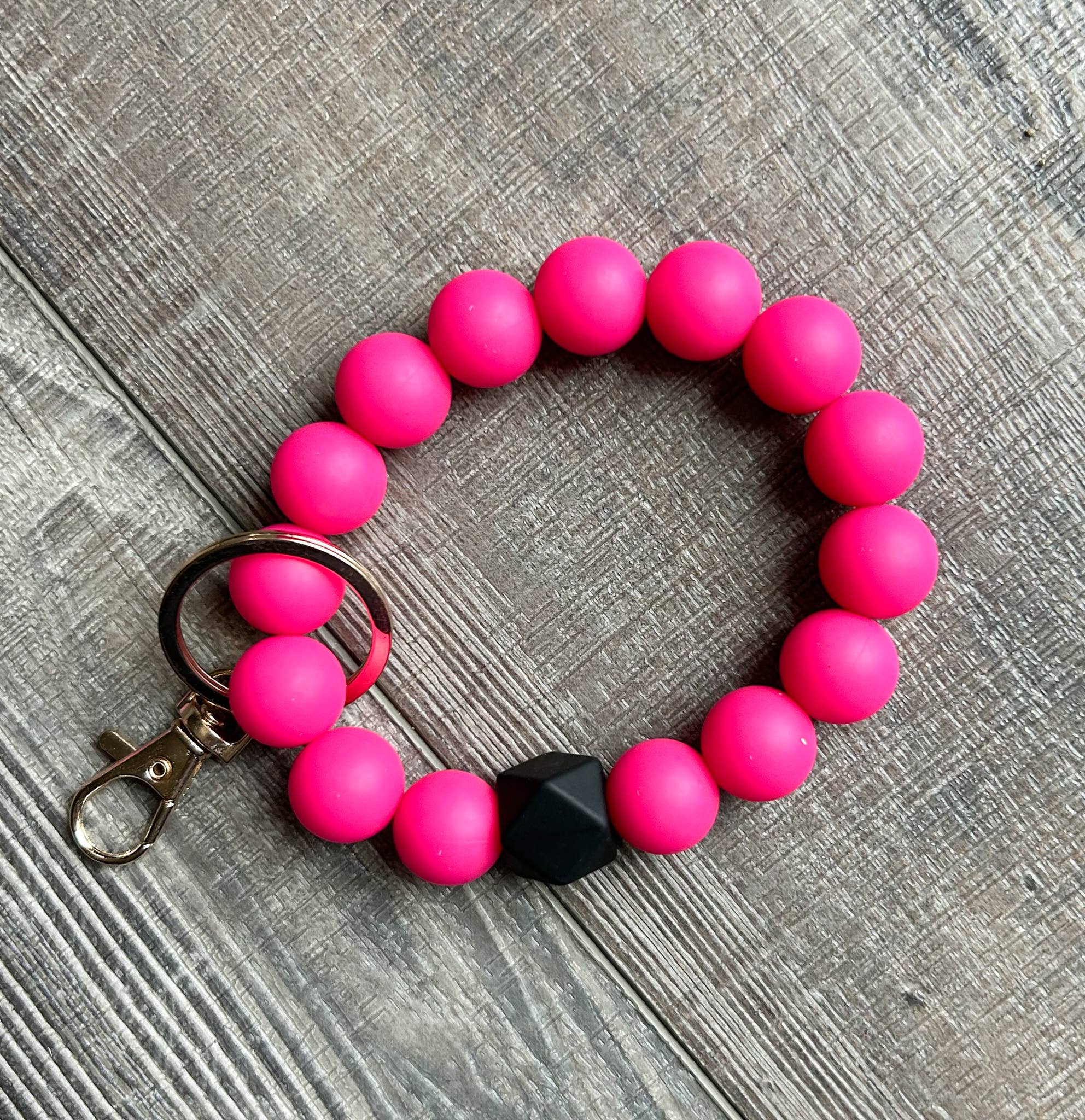 Bright Pink with Black Accent Bead Wristlet Keychain