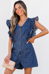 Amora Denim Ruffled Zipped Front Belted Romper