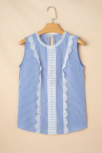 Meredith Stripe Lace Patchwork Crew Neck Tank Top