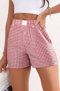 Stripe Plaid Printed High Waist Gingham Shorts: Red