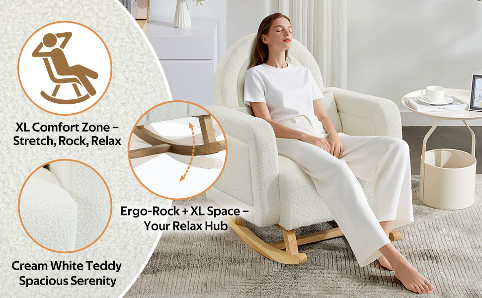 Accent Rocking Chair with Curved Back & Pillow, Ultimate Comfort for Your Home, Teddy Velvet, Cream White
