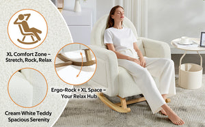 Accent Rocking Chair with Curved Back & Pillow, Ultimate Comfort for Your Home, Teddy Velvet, Cream White