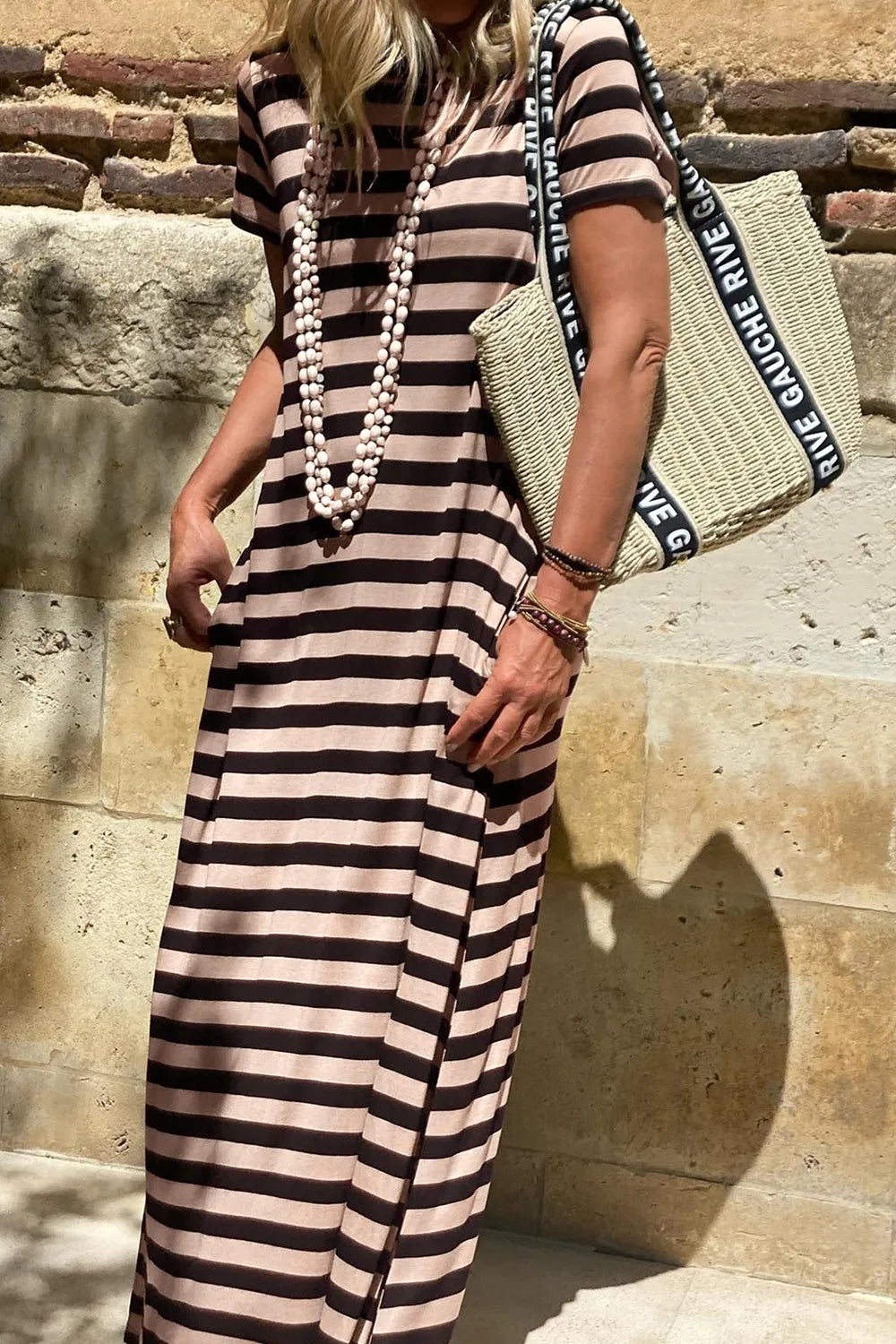 Stripe Casual Round Neck Tee Dress with Pockets